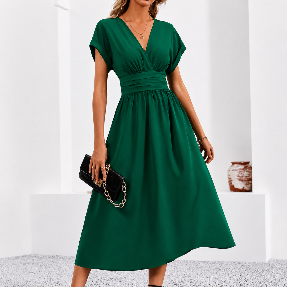 Lara | Vestido Largo Fluido con Escote en V — imagen 2