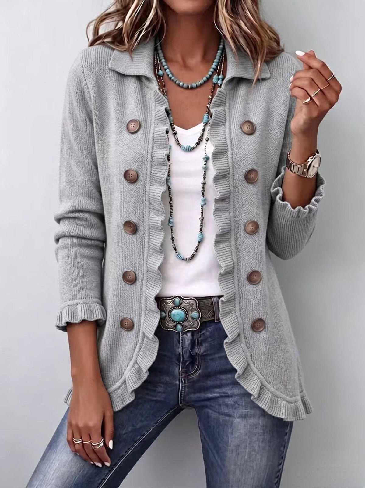 Dalia | Chaqueta de Volantes de Punto Gris Jaspeado — imagen 1