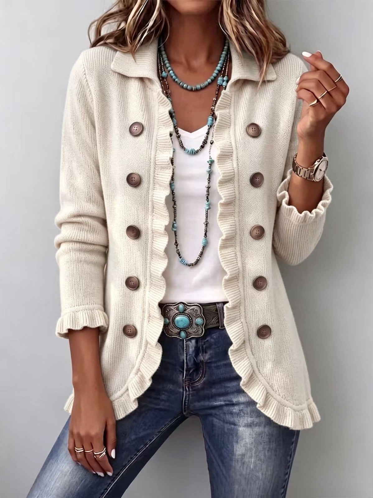 Carla | Chaqueta de Volantes de Punto Marfil — imagen 1