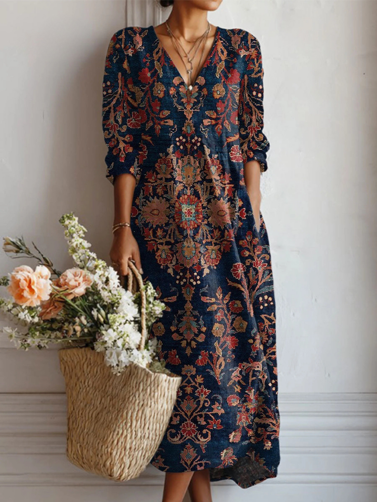 Salma | Vestido Midi Boho de Lino Estampado — imagen 7