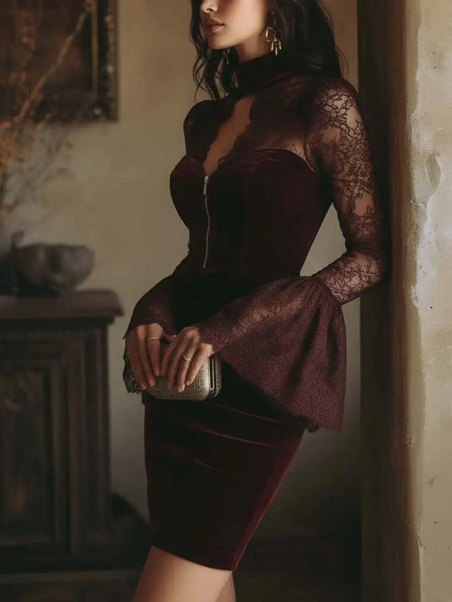 Núria Mara | Mini Vestido de Terciopelo y Encaje Burdeos