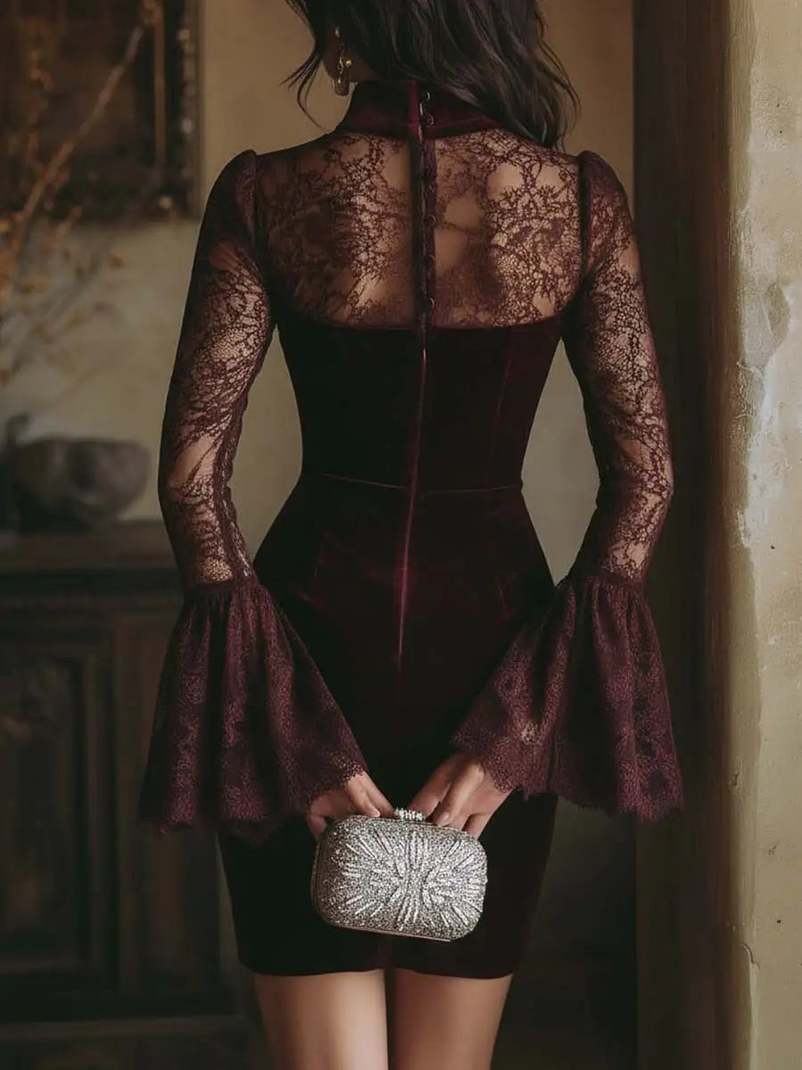 Núria Mara | Mini Vestido de Terciopelo y Encaje Burdeos