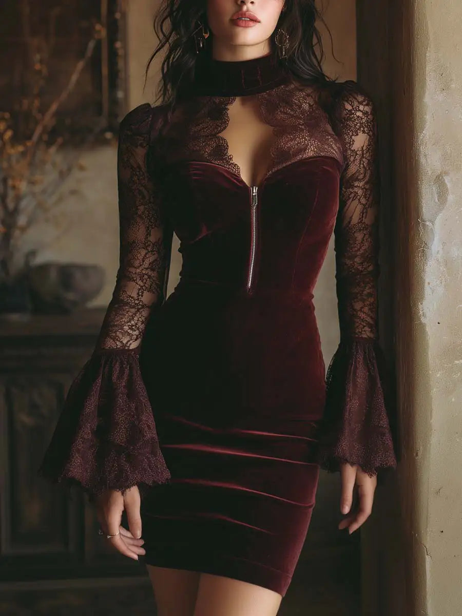 Núria Mara | Mini Vestido de Terciopelo y Encaje Burdeos