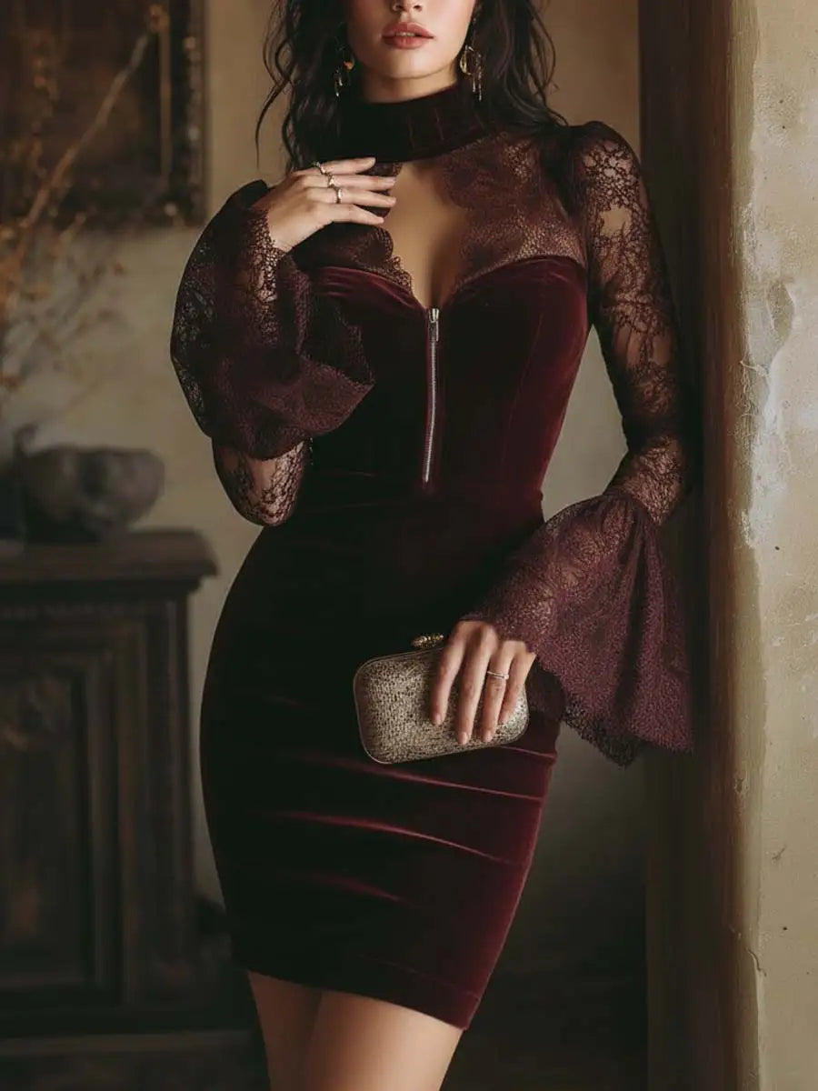 Núria Mara | Mini Vestido de Terciopelo y Encaje Burdeos