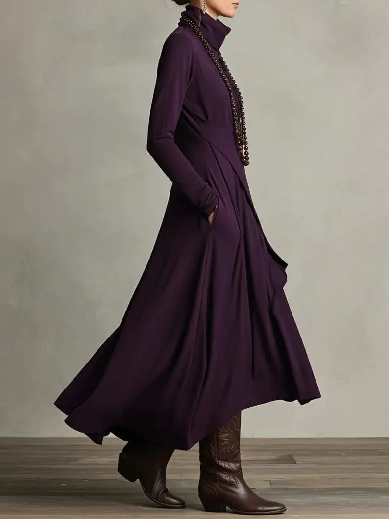 Aurelia Mara | Vestido Largo Plisado Asimétrico con Cuello Alto