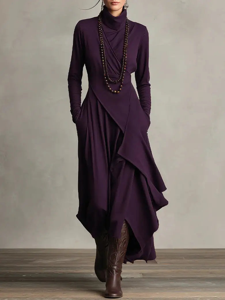 Aurelia Mara | Vestido Largo Plisado Asimétrico con Cuello Alto