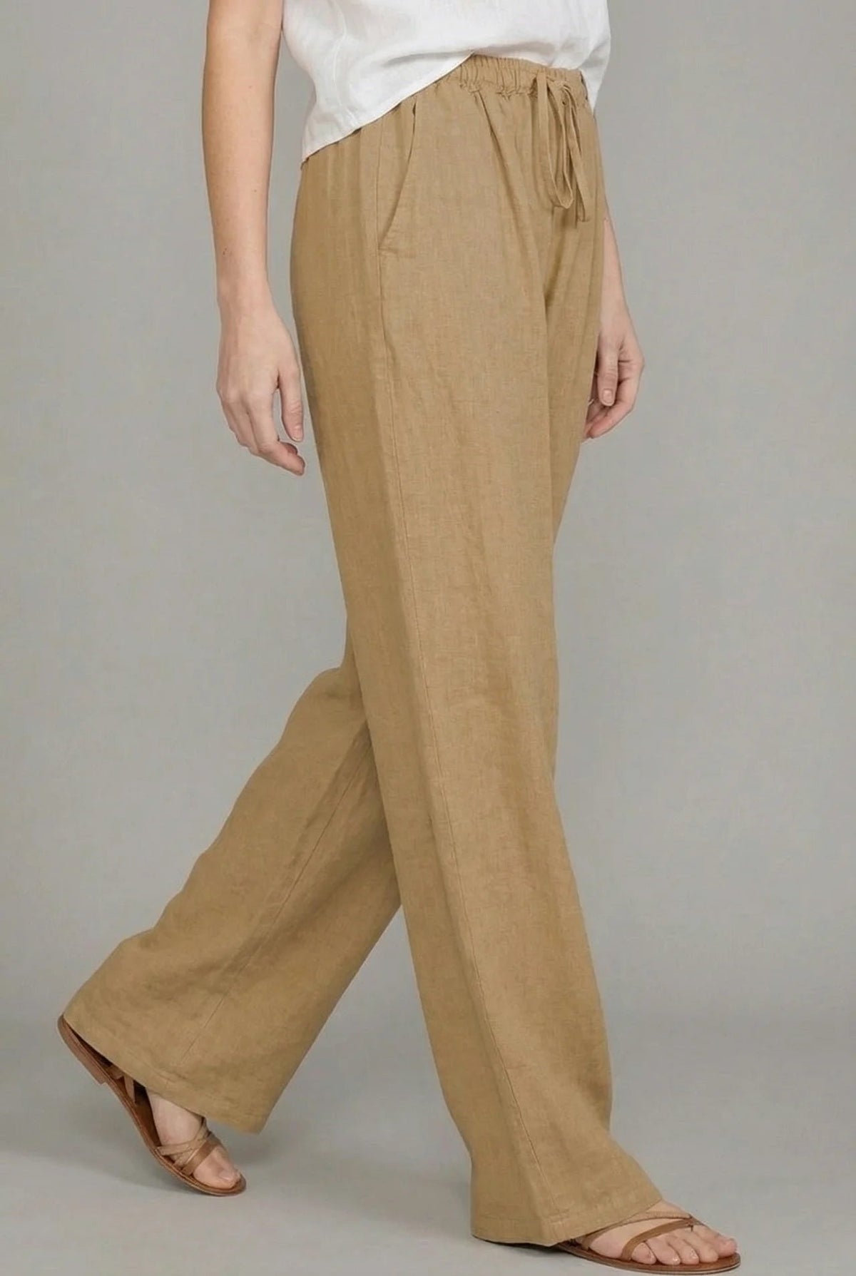 Irene Alba | Pantalón de Lino Pierna Ancha Mujer Cintura Elástica Cordón