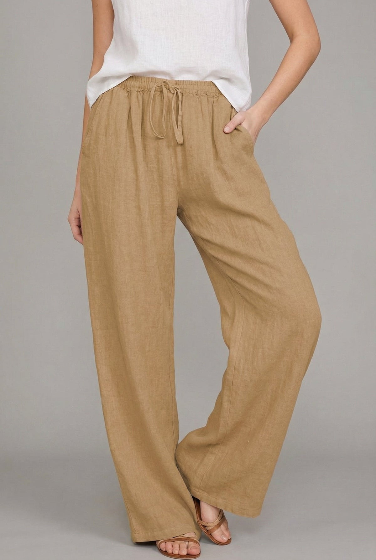 Irene Alba | Pantalón de Lino Pierna Ancha Mujer Cintura Elástica Cordón