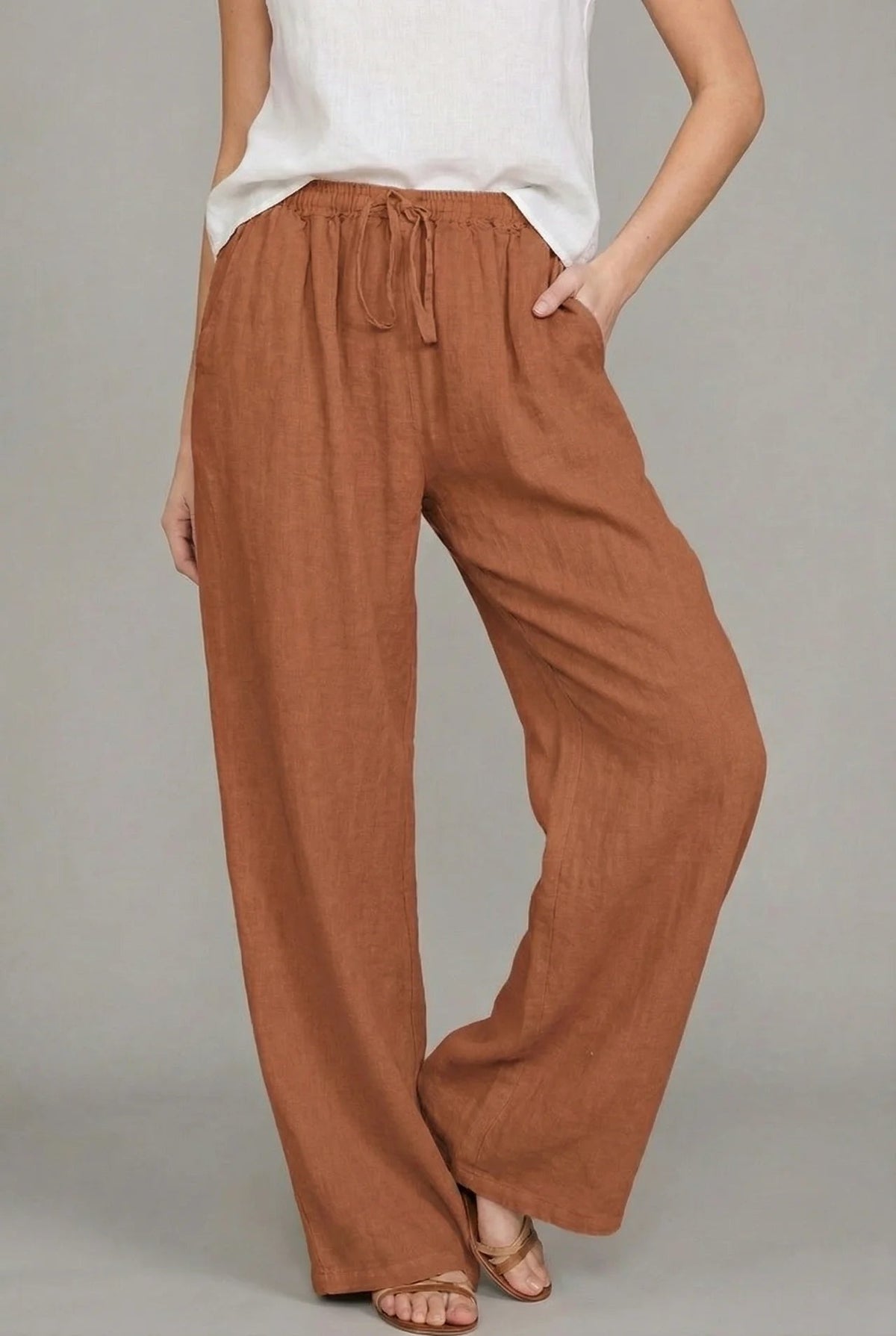 Irene Alba | Pantalón de Lino Pierna Ancha Mujer Cintura Elástica Cordón