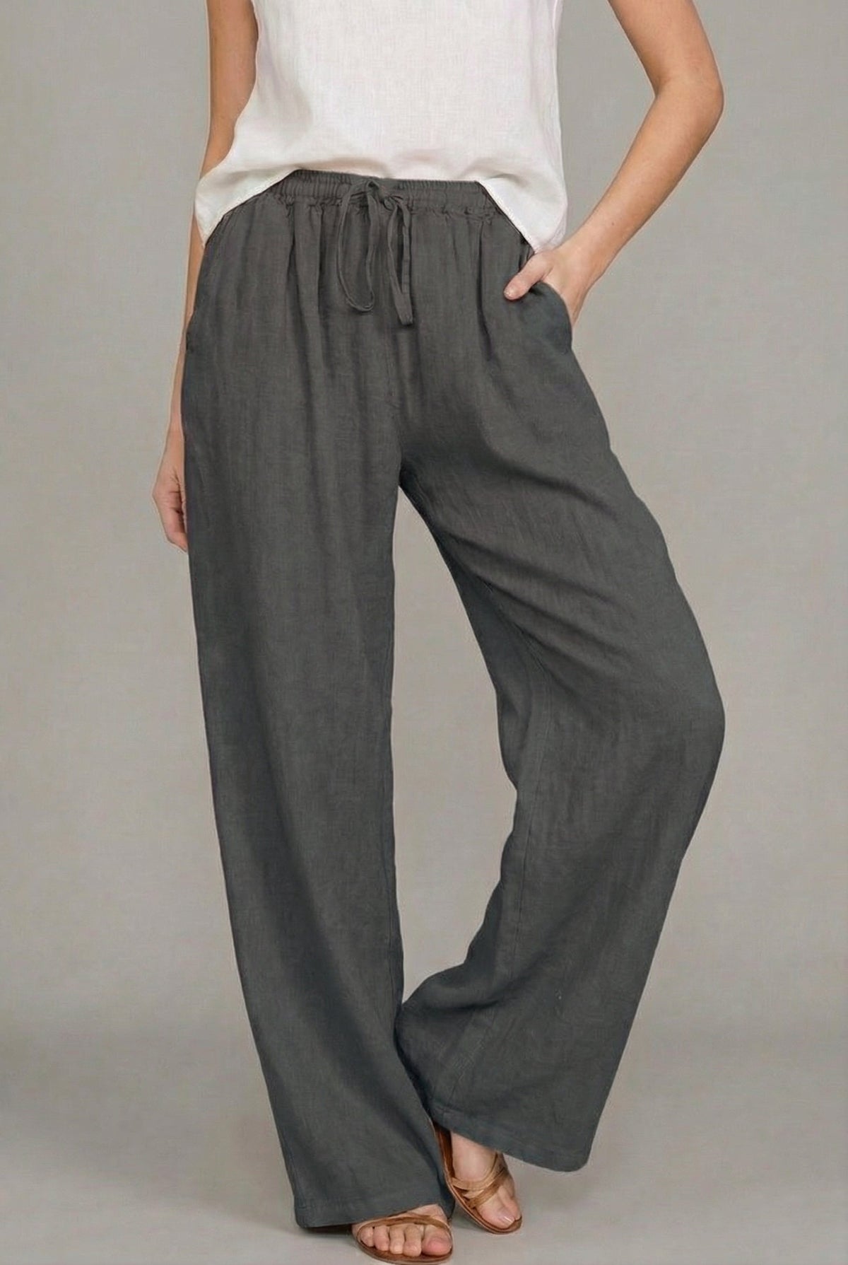 Irene Alba | Pantalón de Lino Pierna Ancha Mujer Cintura Elástica Cordón