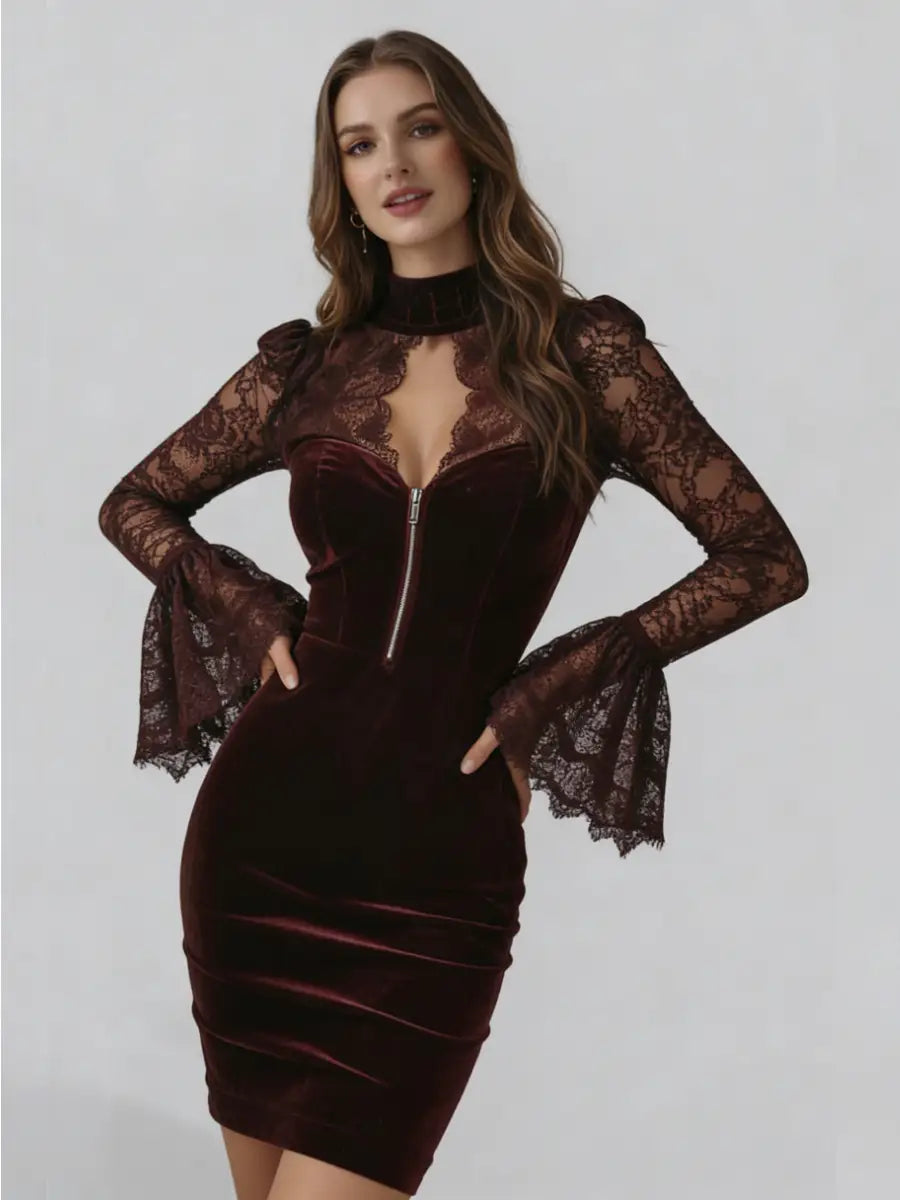 Núria Mara | Mini Vestido de Terciopelo y Encaje Burdeos
