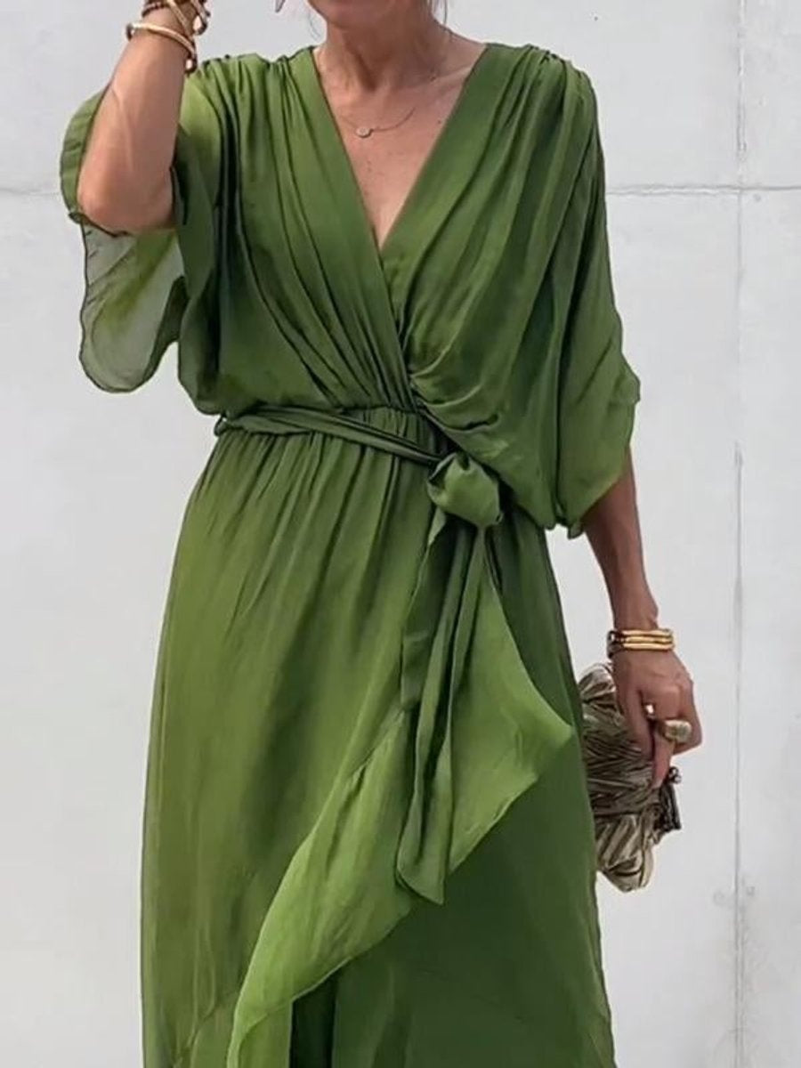 Laia Celia | Vestido Midi Drapeado Asimétrico de Gasa Mujer Escote V Cinturón