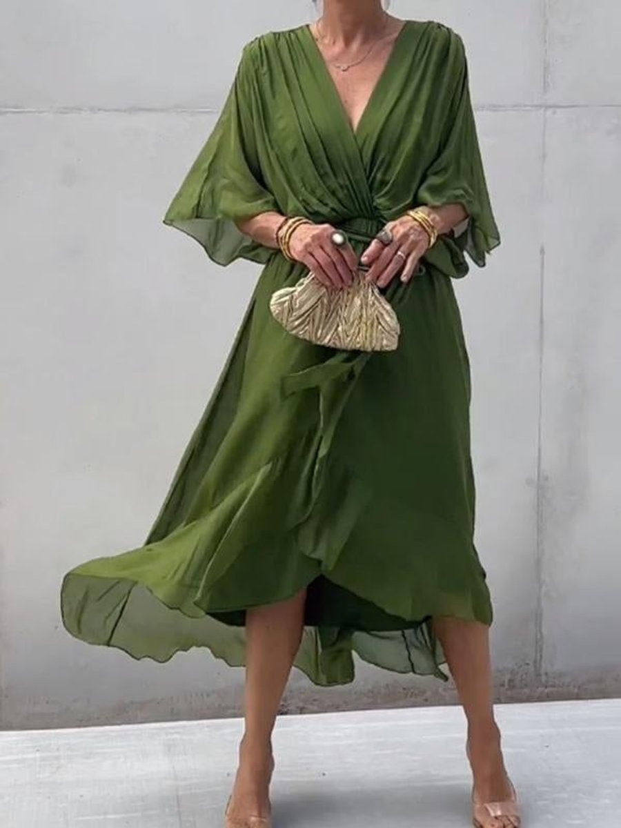 Laia Celia | Vestido Midi Drapeado Asimétrico de Gasa Mujer Escote V Cinturón