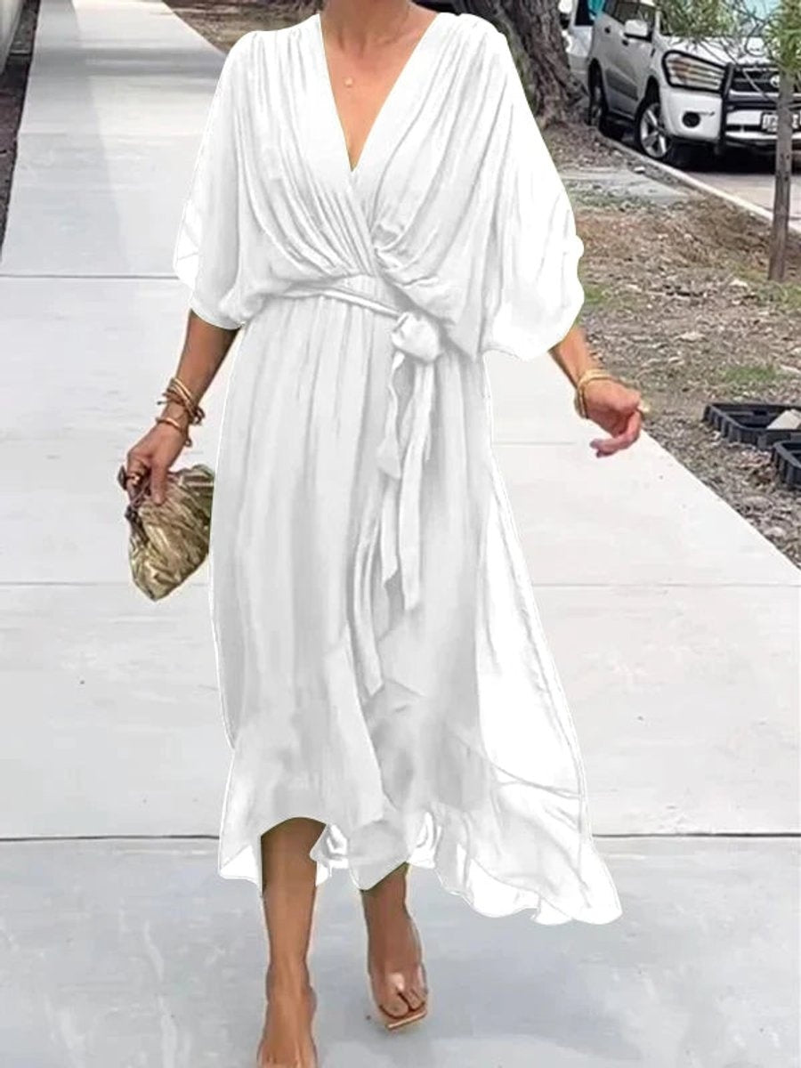 Laia Celia | Vestido Midi Drapeado Asimétrico de Gasa Mujer Escote V Cinturón