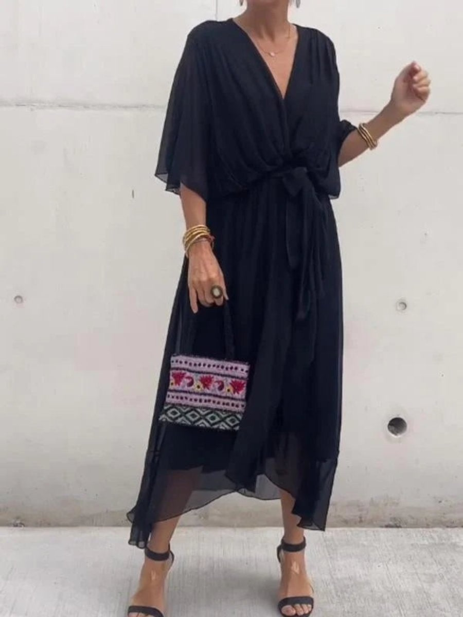 Laia Celia | Vestido Midi Drapeado Asimétrico de Gasa Mujer Escote V Cinturón