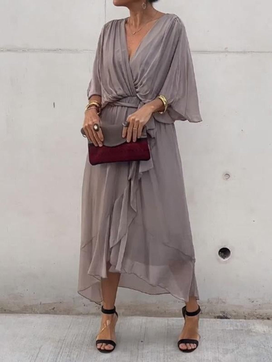 Laia Celia | Vestido Midi Drapeado Asimétrico de Gasa Mujer Escote V Cinturón