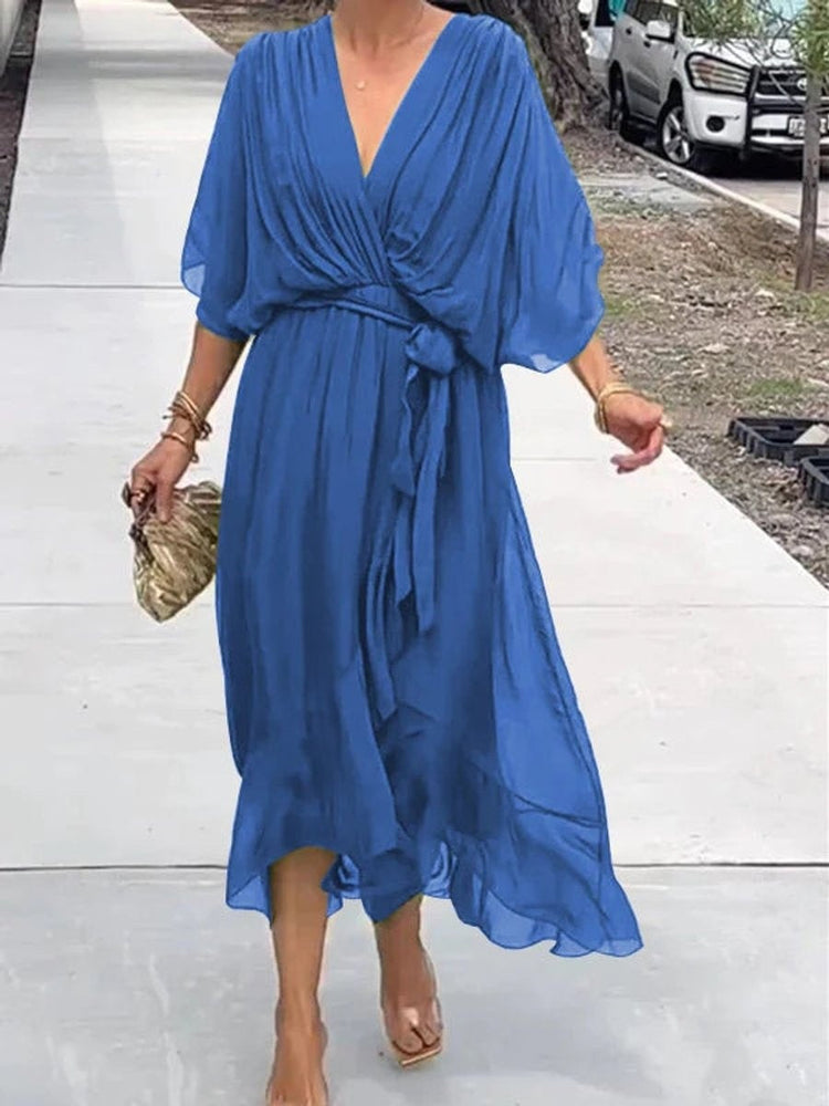 Laia Celia | Vestido Midi Drapeado Asimétrico de Gasa Mujer Escote V Cinturón