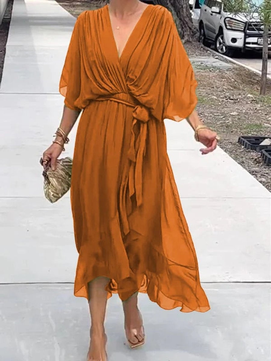 Laia Celia | Vestido Midi Drapeado Asimétrico de Gasa Mujer Escote V Cinturón