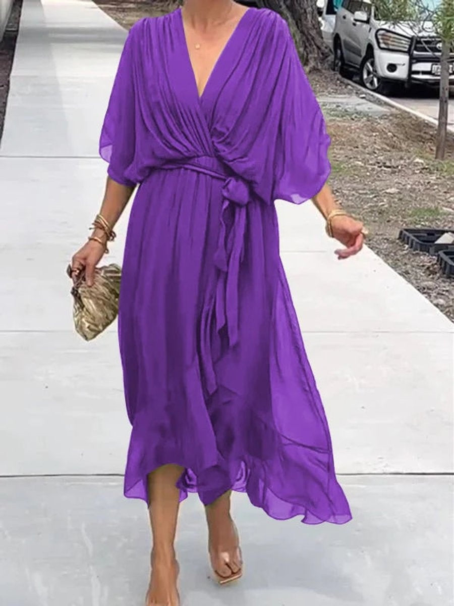 Laia Celia | Vestido Midi Drapeado Asimétrico de Gasa Mujer Escote V Cinturón