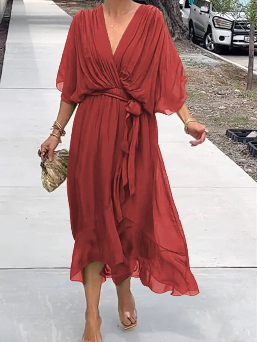 Laia Celia | Vestido Midi Drapeado Asimétrico de Gasa Mujer Escote V Cinturón