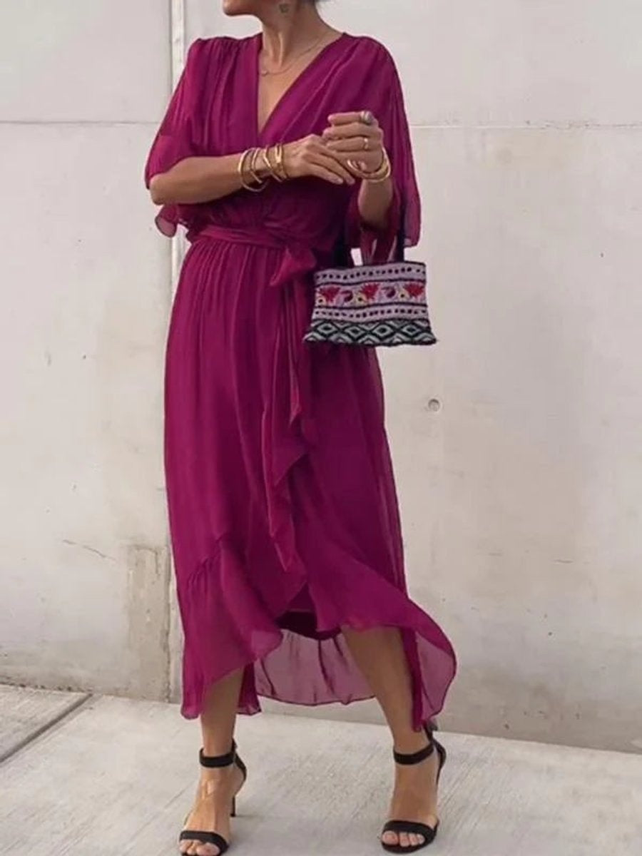 Laia Celia | Vestido Midi Drapeado Asimétrico de Gasa Mujer Escote V Cinturón