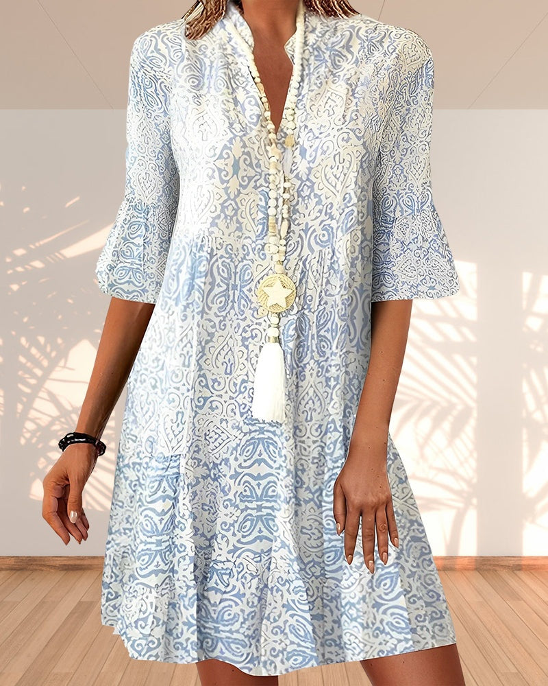 Carla Alba | Vestido Boho Mujer Estampado Manga Campana Escote V