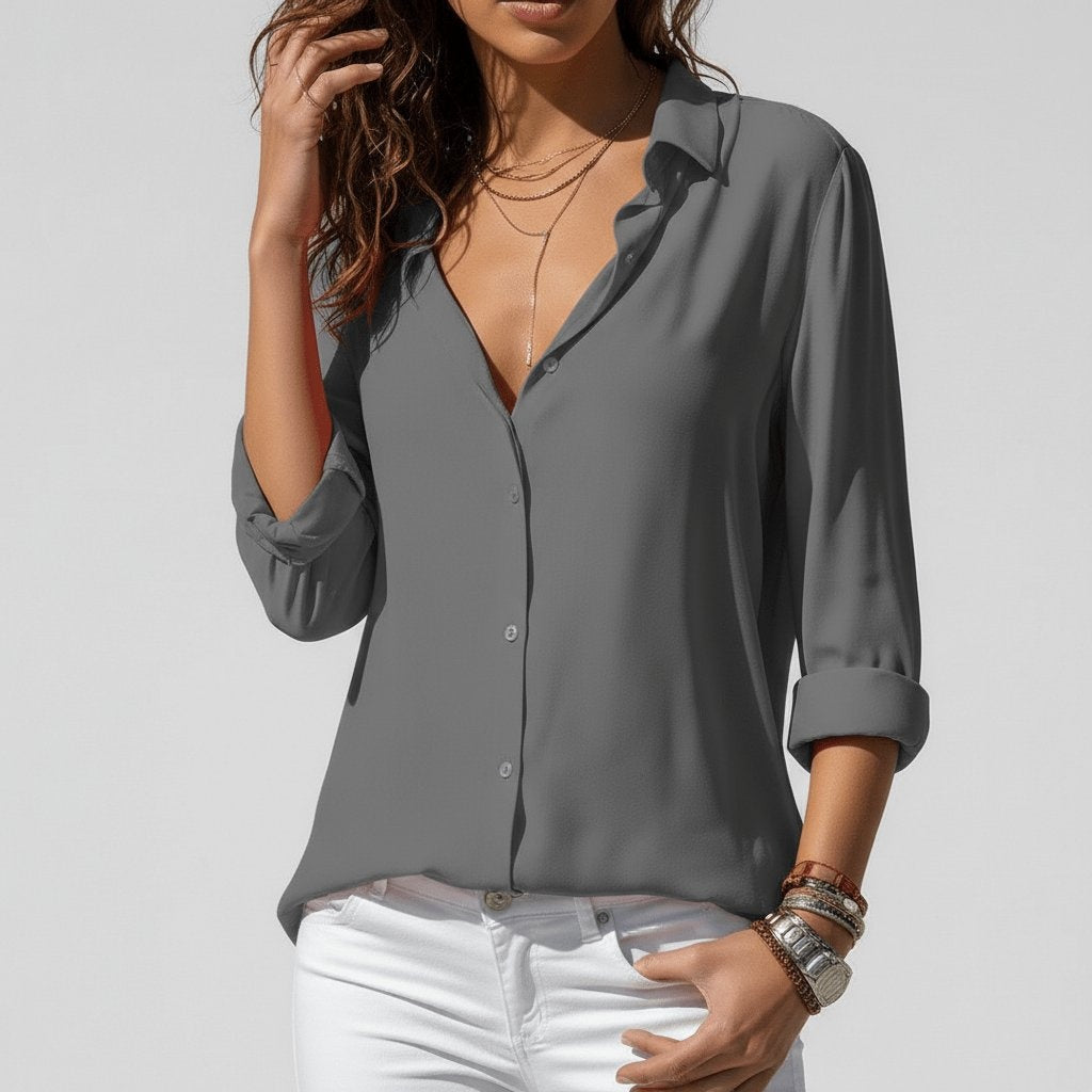 Estela Alba | Camisa Blanca de Manga Larga Mujer Botones Cuello Solapa