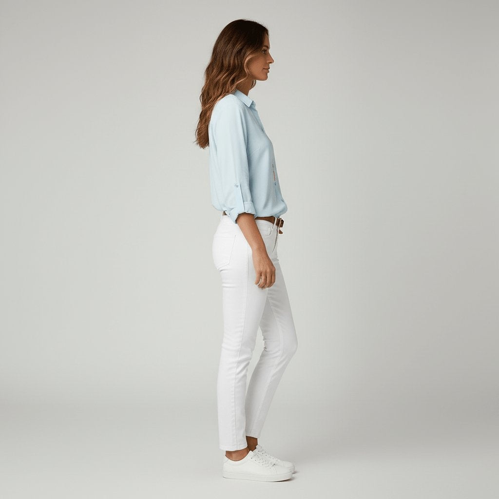 Estela Alba | Camisa Blanca de Manga Larga Mujer Botones Cuello Solapa
