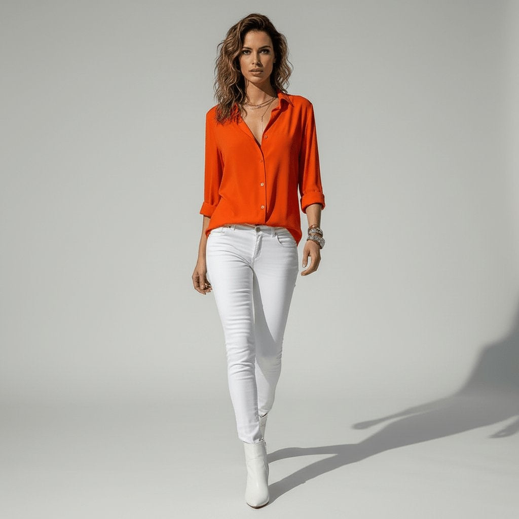 Estela Alba | Camisa Blanca de Manga Larga Mujer Botones Cuello Solapa