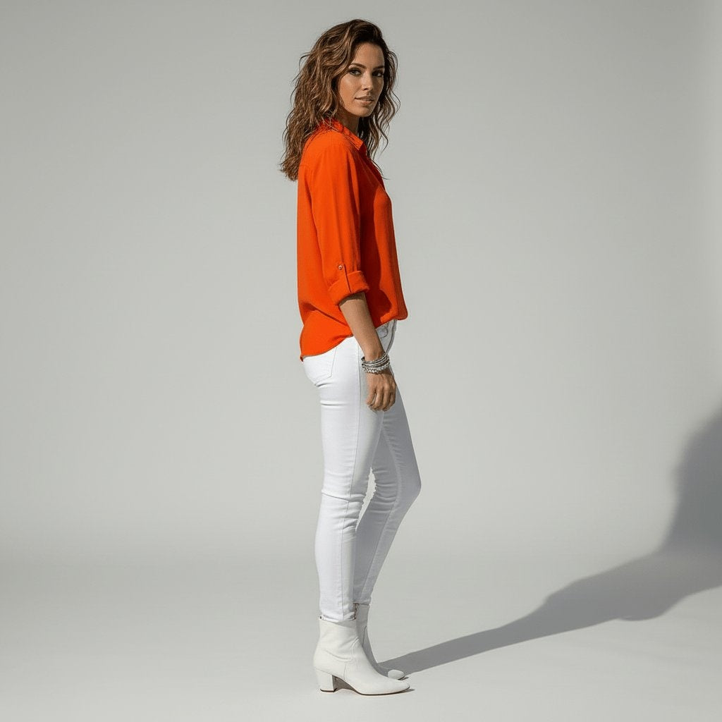 Estela Alba | Camisa Blanca de Manga Larga Mujer Botones Cuello Solapa