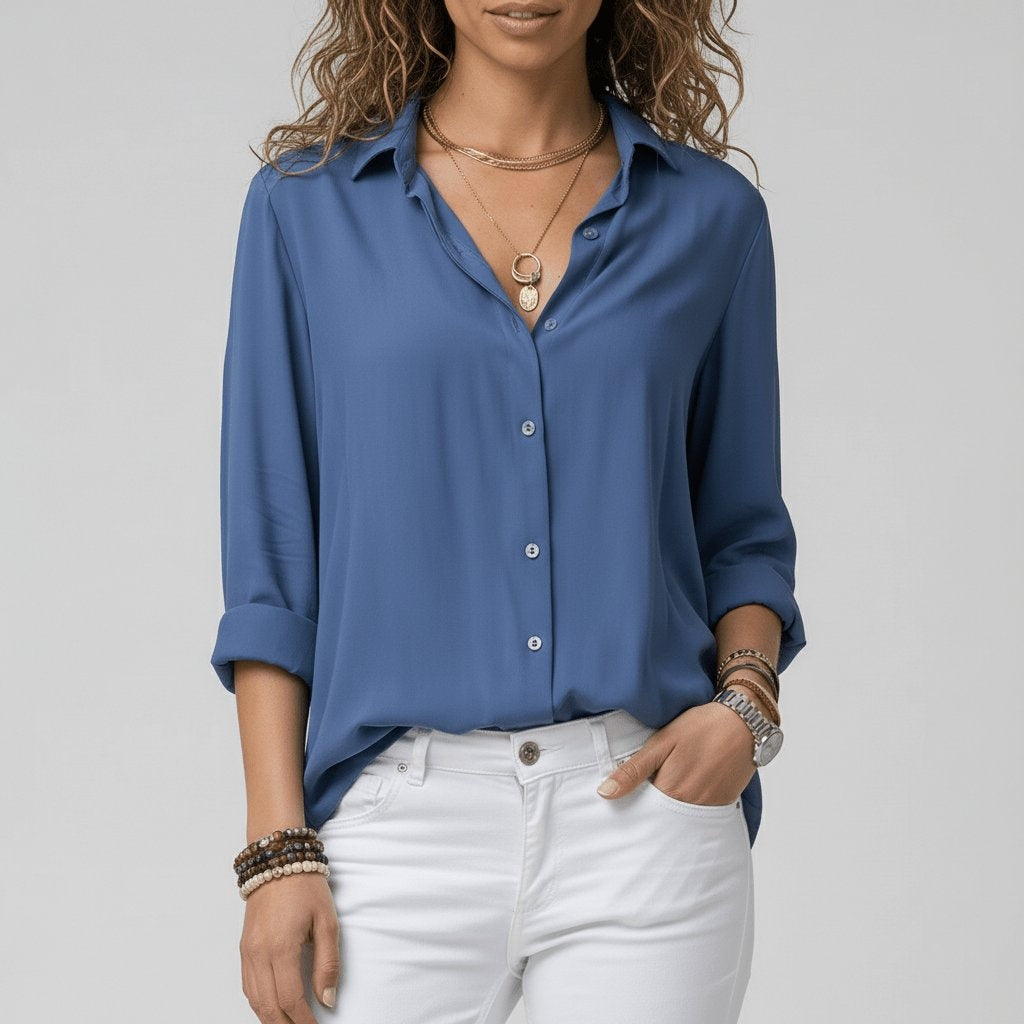 Estela Alba | Camisa Blanca de Manga Larga Mujer Botones Cuello Solapa