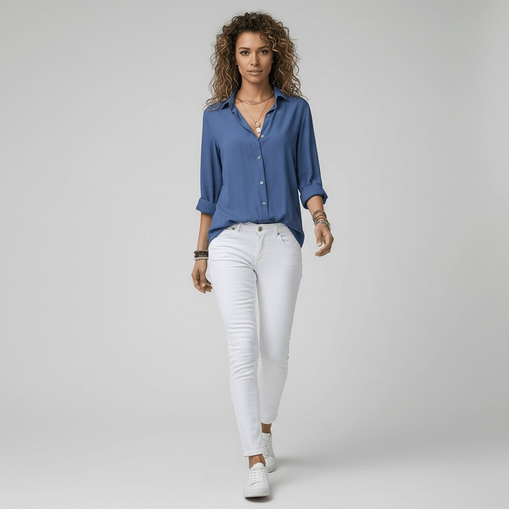 Estela Alba | Camisa Blanca de Manga Larga Mujer Botones Cuello Solapa