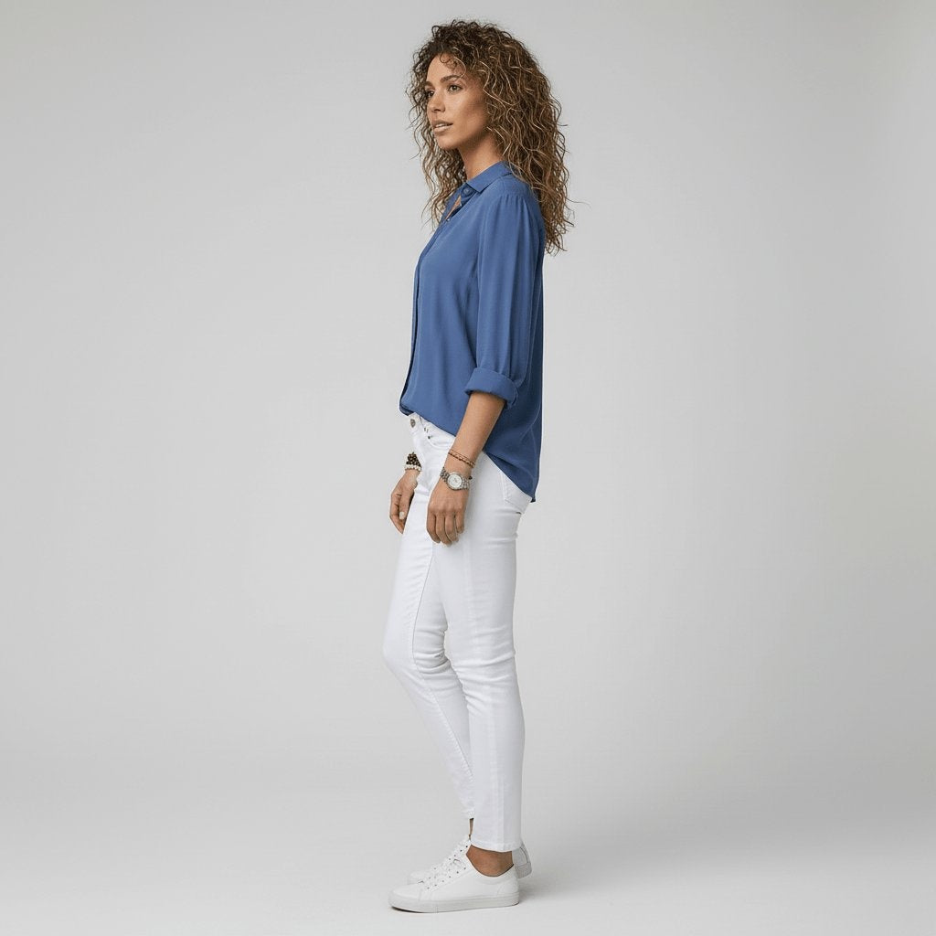 Estela Alba | Camisa Blanca de Manga Larga Mujer Botones Cuello Solapa
