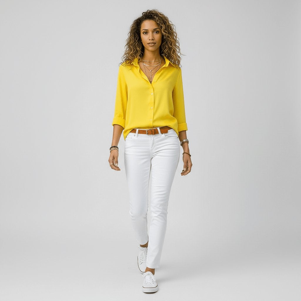 Estela Alba | Camisa Blanca de Manga Larga Mujer Botones Cuello Solapa