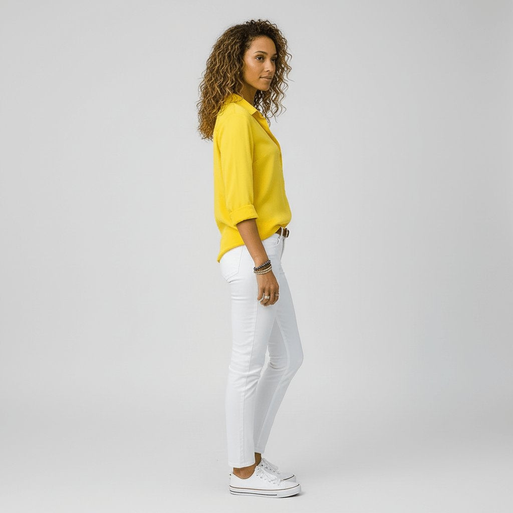 Estela Alba | Camisa Blanca de Manga Larga Mujer Botones Cuello Solapa
