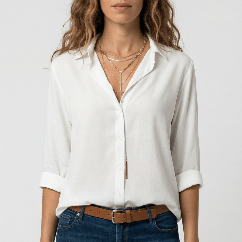 Estela Alba | Camisa Blanca de Manga Larga Mujer Botones Cuello Solapa