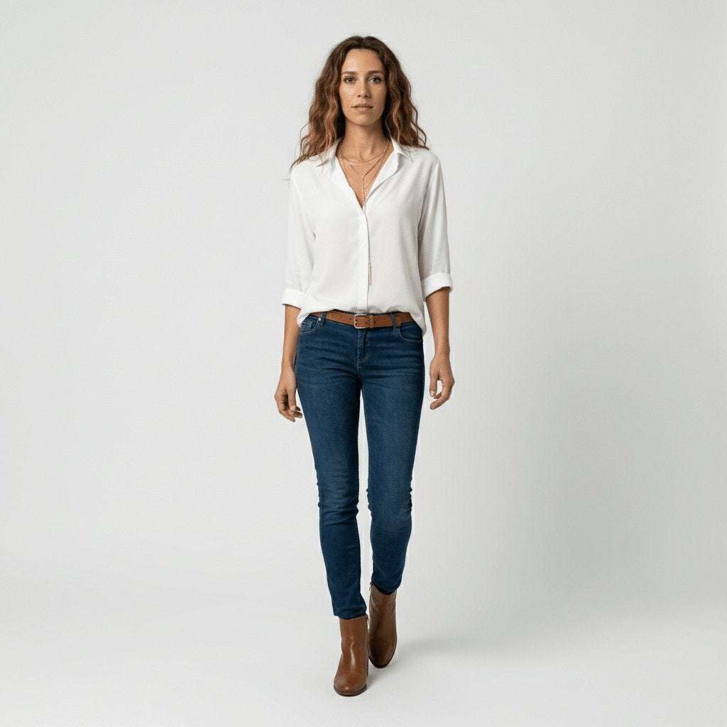 Estela Alba | Camisa Blanca de Manga Larga Mujer Botones Cuello Solapa