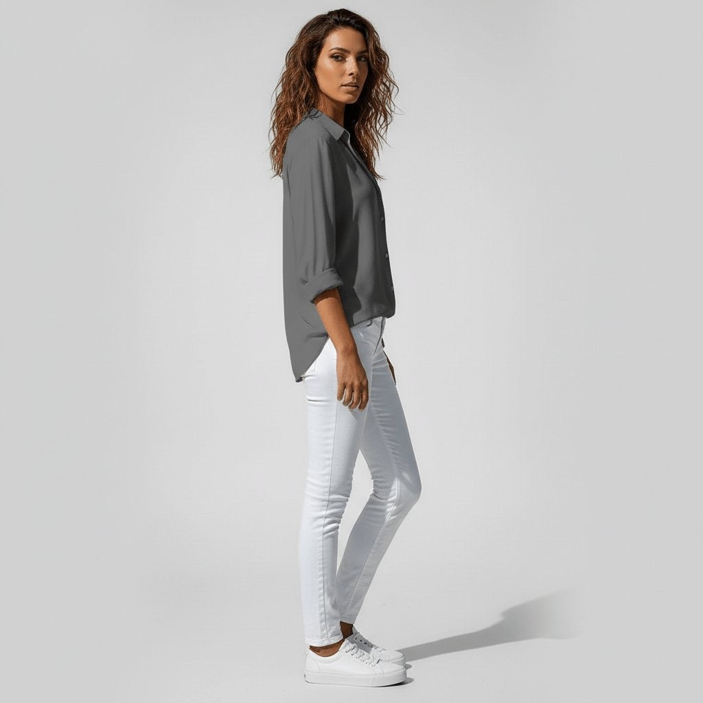 Estela Alba | Camisa Blanca de Manga Larga Mujer Botones Cuello Solapa