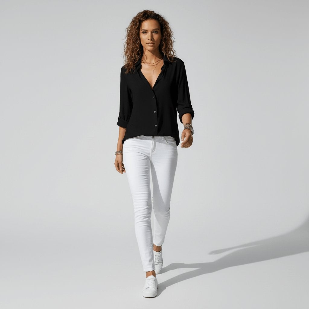 Estela Alba | Camisa Blanca de Manga Larga Mujer Botones Cuello Solapa