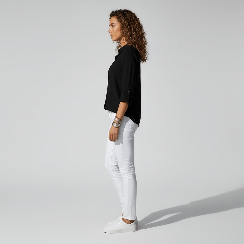 Estela Alba | Camisa Blanca de Manga Larga Mujer Botones Cuello Solapa