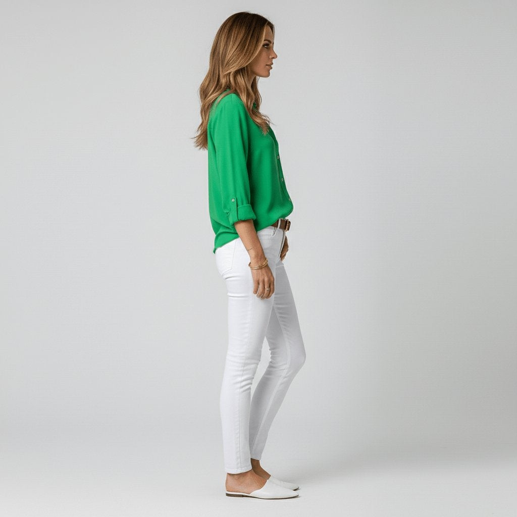 Estela Alba | Camisa Blanca de Manga Larga Mujer Botones Cuello Solapa