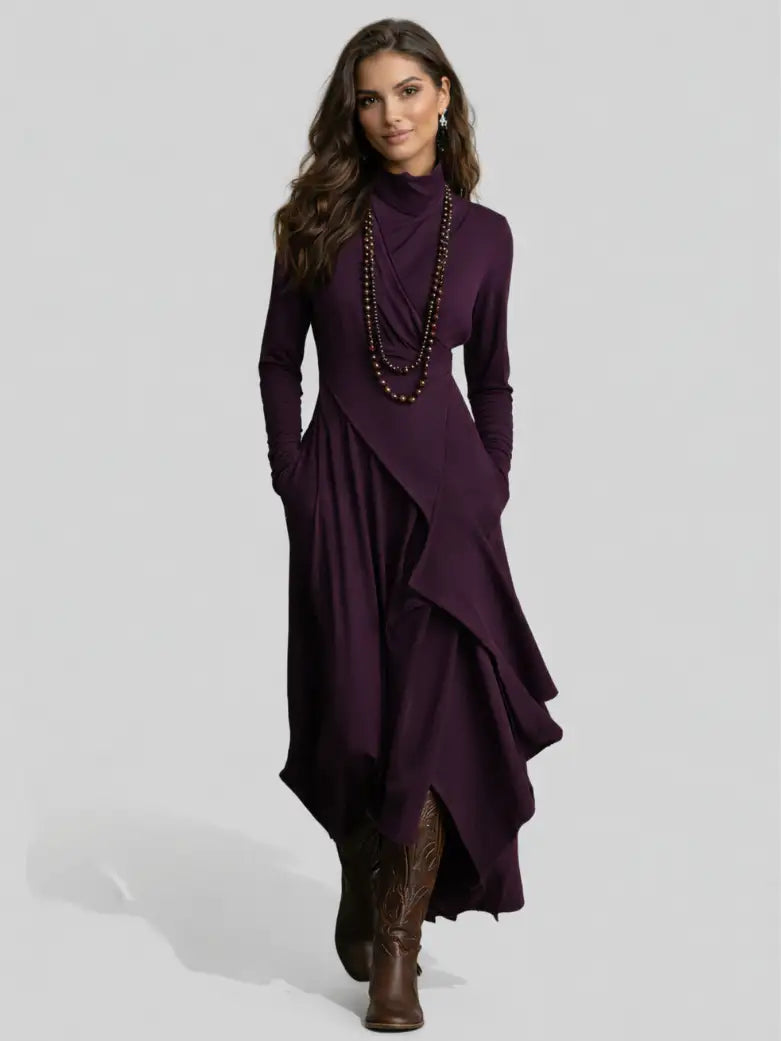 Aurelia Mara | Vestido Largo Plisado Asimétrico con Cuello Alto
