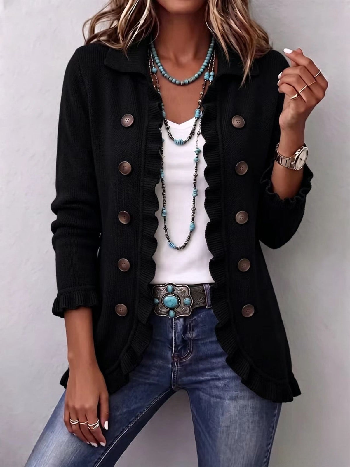 Tania | Chaqueta de Volantes de Punto Negro — imagen 1