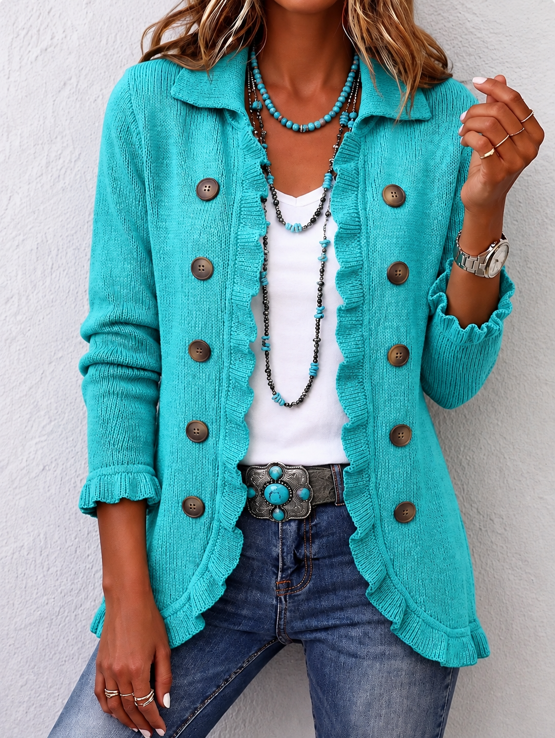 Celia | Chaqueta de Volantes de Punto Turquesa — imagen 1