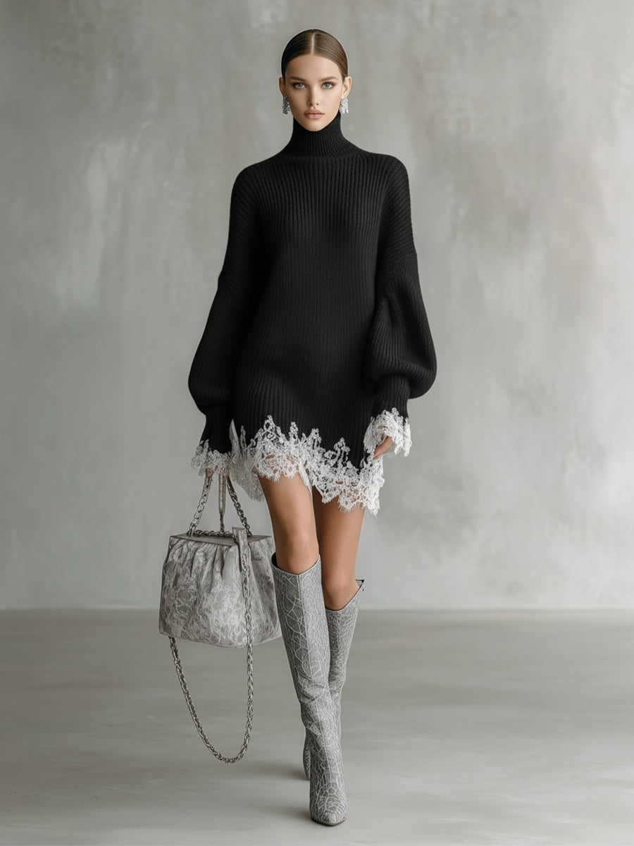 Julia Alba | Vestido Corto de Punto de Otoño Cuello Alto Mujer Encaje y Manga Larga