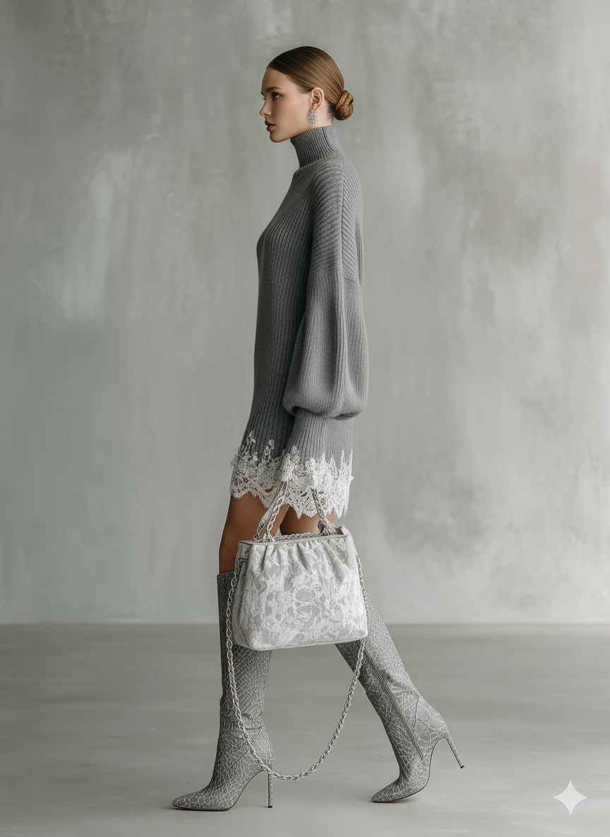 Julia Alba | Vestido Corto de Punto de Otoño Cuello Alto Mujer Encaje y Manga Larga