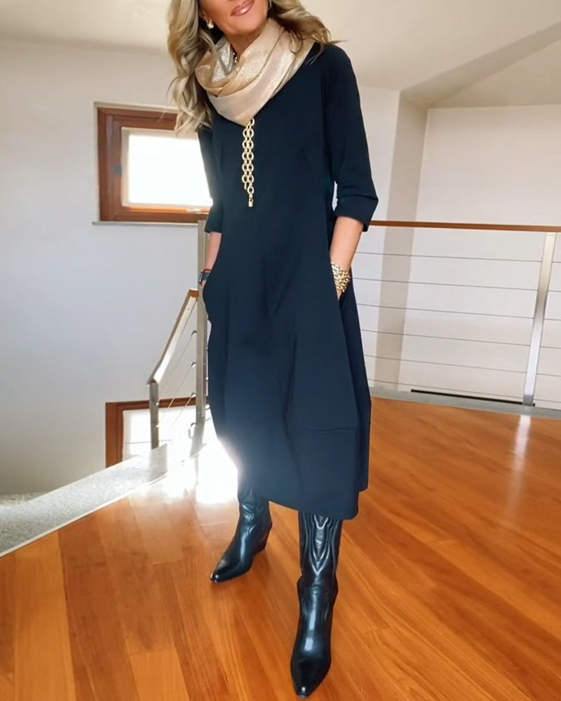 Emma Alba | Vestido Largo Casual Manga Tres Cuartos Mujer Bolsillos