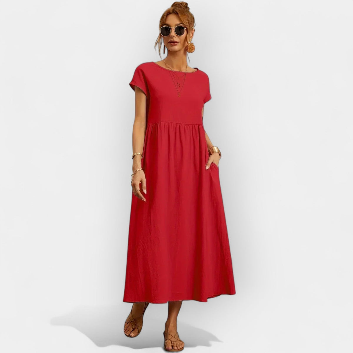 Lola Adriana | Vestido Midi Casual con Bolsillos Mujer Manga Corta