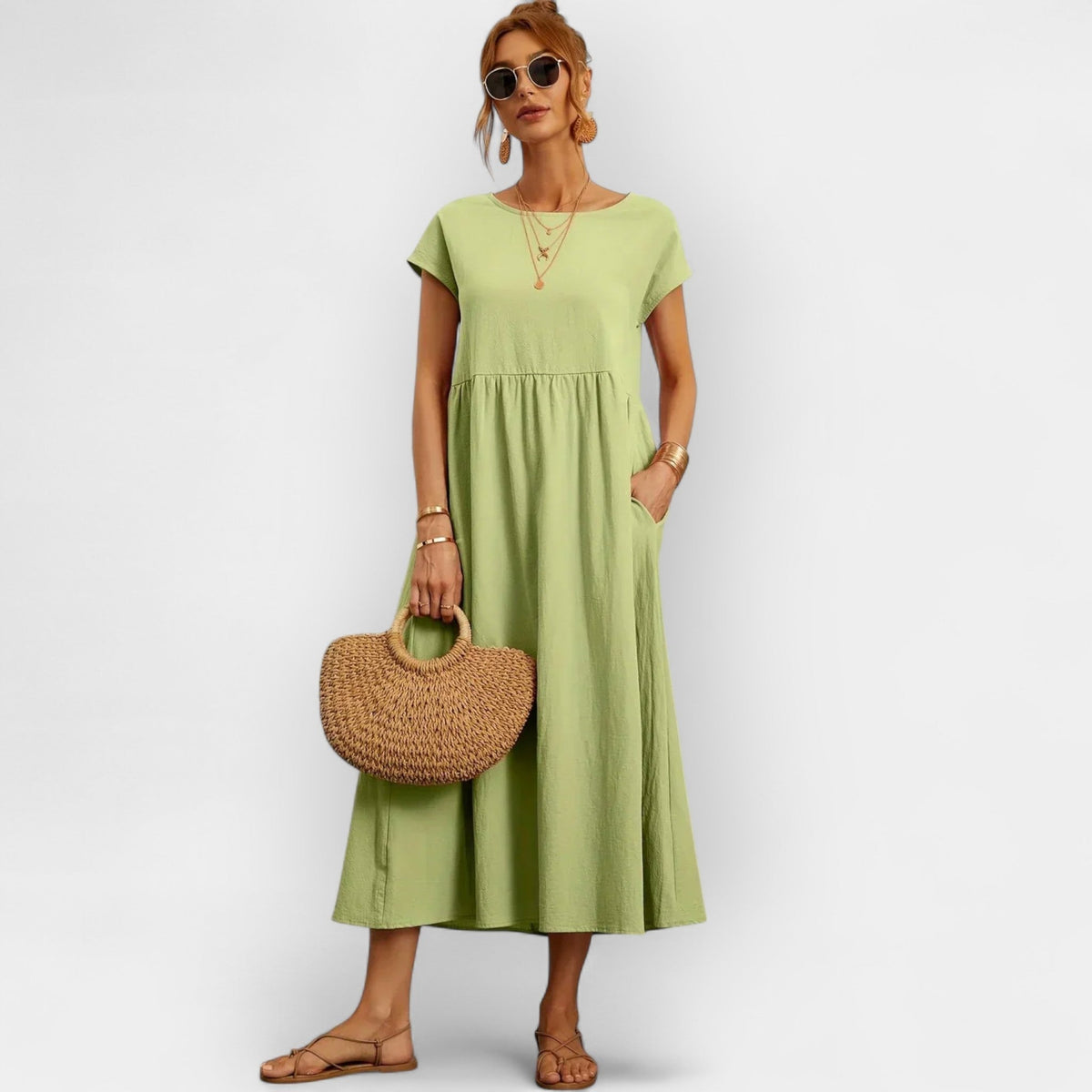 Lola Adriana | Vestido Midi Casual con Bolsillos Mujer Manga Corta