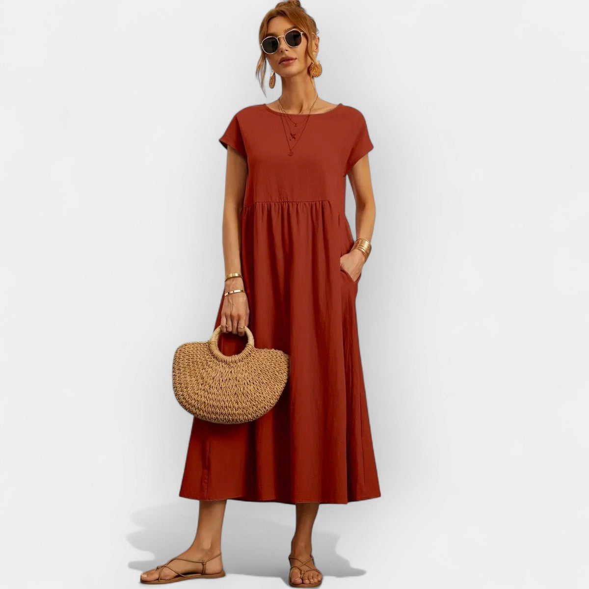 Lola Adriana | Vestido Midi Casual con Bolsillos Mujer Manga Corta